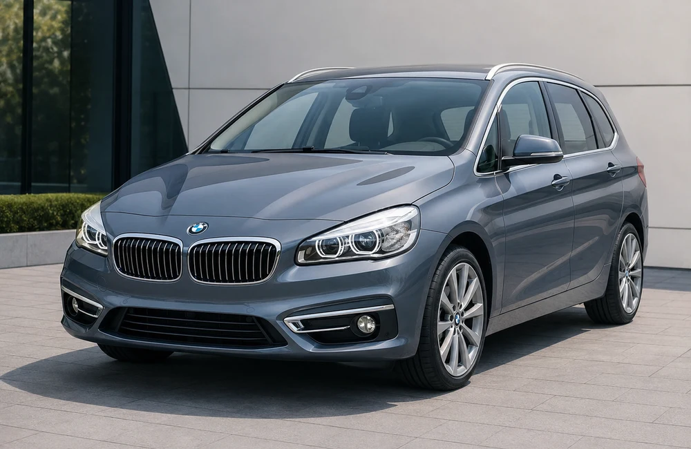 Graublauer BMW 220 Gran Tourer vor moderner Architektur